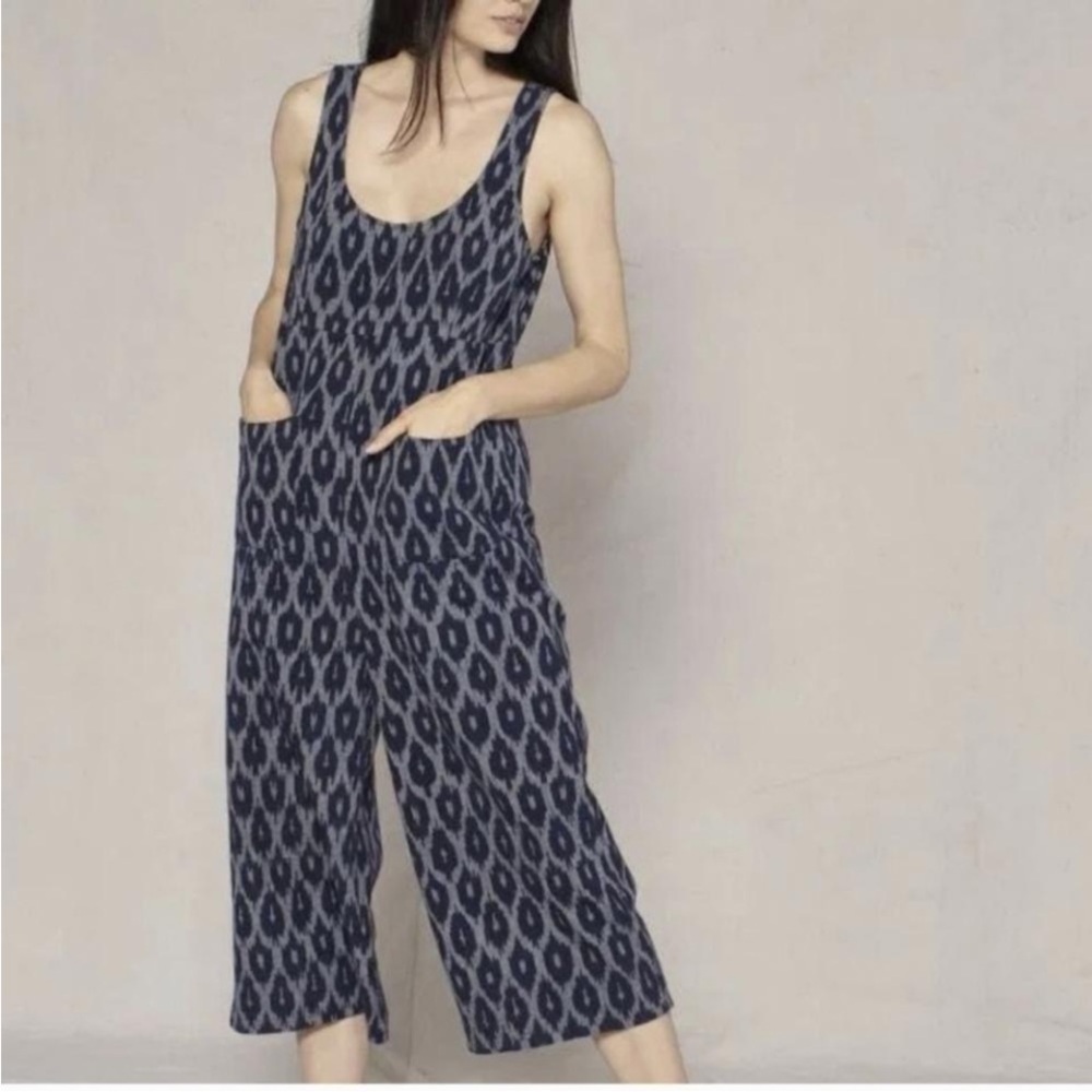 Outerknown Ikat Cropped Wide Leg Jumpsuit Organic Cotton Navy Print Size Medium